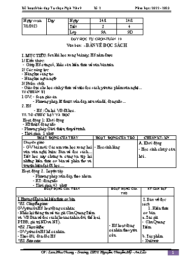 Kế hoạch bài dạy Ngữ văn 9 - Tuần 19 - Bài: Dạy học tự chọn. Văn bản Bàn về đọc sách - Năm học 2022-2023 - Lưu Nha Chang