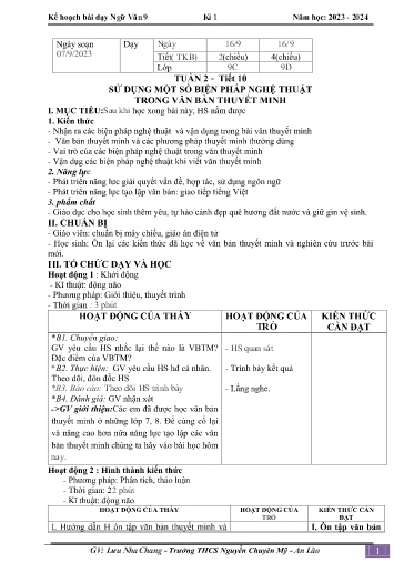 Kế hoạch bài dạy Ngữ văn 9 - Tuần 2 - Tiết 10: Sử dụng một số biện pháp nghệ thuật trong văn bản thuyết minh - Năm học 2023-2024 - Lưu Nha Chang