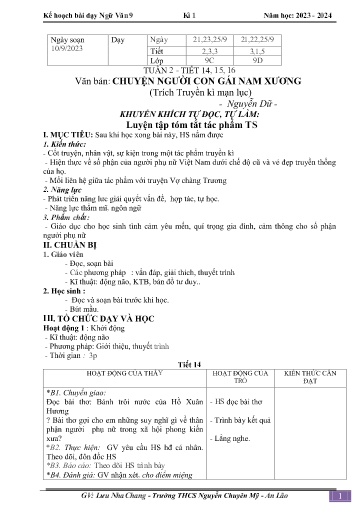 Kế hoạch bài dạy Ngữ văn 9 - Tuần 2 - Tiết 14-16: Văn bản Chuyện người con gái Nam Xương - Năm học 2023-2024 - Nguyễn Thị Hạnh