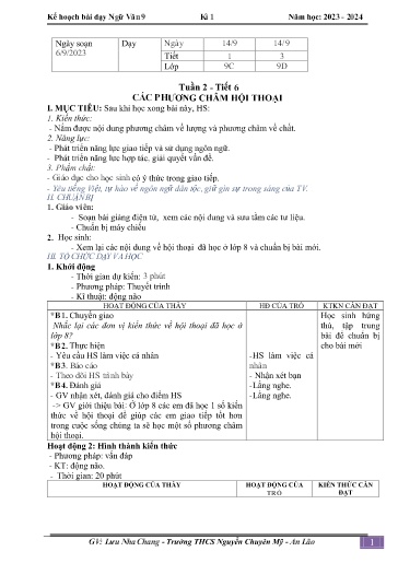 Kế hoạch bài dạy Ngữ văn 9 - Tuần 2 - Tiết 6: Các phương châm hội thoại - Năm học 2023-2024 - Lưu Nha Chang