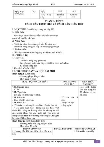 Kế hoạch bài dạy Ngữ văn 9 - Tuần 2 - Tiết 9: Cách dẫn trực tiếp và cách dẫn gián tiếp - Năm học 2023-2024 - Lưu Nha Chang