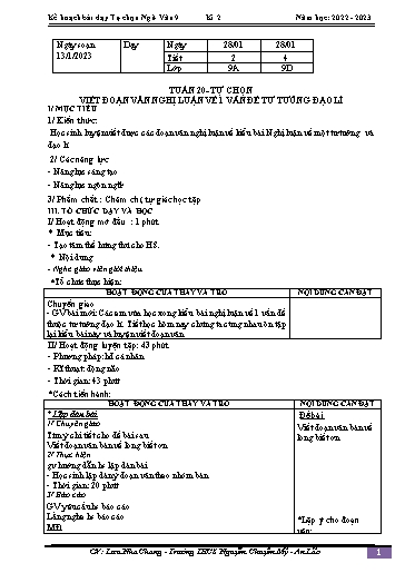 Kế hoạch bài dạy Ngữ văn 9 - Tuần 20 - Bài: Dạy học tự chọn. Viết đoạn nghị luận về 1 vấn đề tư tưởng đạo lí - Năm học 2022-2023 - Lưu Nha Chang