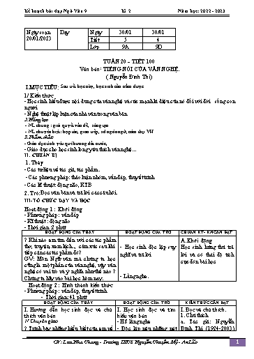 Kế hoạch bài dạy Ngữ văn 9 - Tuần 20 - Tiết 100: Văn bản Tiếng nói của văn nghệ - Năm học 2022-2023 - Lưu Nha Chang