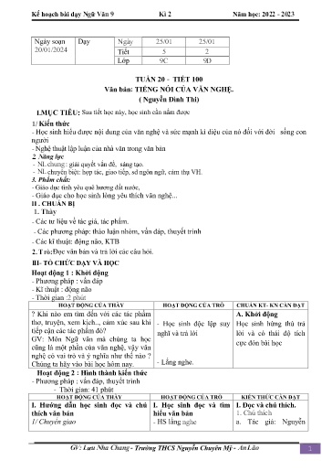 Kế hoạch bài dạy Ngữ văn 9 - Tuần 20 - Tiết 100: Văn bản Tiếng nói của văn nghệ - Năm học 2023-2024 - Lưu Nha Chang