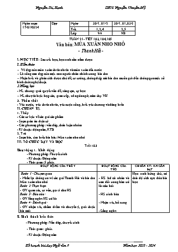 Kế hoạch bài dạy Ngữ văn 9 - Tuần 21 - Tiết 103-105: Văn bản Mùa xuân nho nhỏ - Năm học 2023-2024 - Nguyễn Thị Hạnh