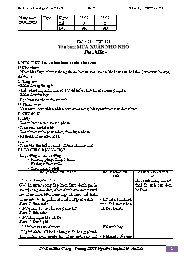 Kế hoạch bài dạy Ngữ văn 9 - Tuần 21 - Tiết 103: Văn bản Mùa xuân nho nhỏ - Năm học 2022-2023 - Lưu Nha Chang
