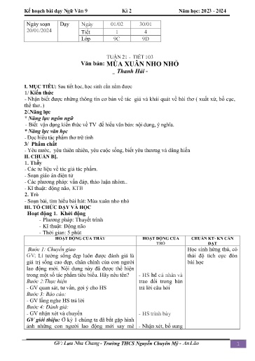 Kế hoạch bài dạy Ngữ văn 9 - Tuần 21 - Tiết 103: Văn bản Mùa xuân nho nhỏ - Năm học 2023-2024 - Lưu Nha Chang
