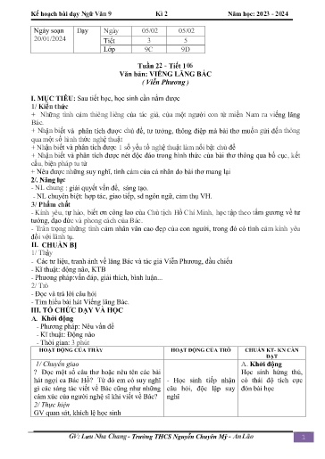 Kế hoạch bài dạy Ngữ văn 9 - Tuần 22 - Tiết 106: Văn bản Viếng lăng Bác - Năm học 2023-2024 - Lưu Nha Chang