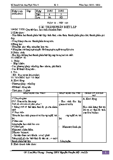 Kế hoạch bài dạy Ngữ văn 9 - Tuần 22 - Tiết 109: Các thành phần biệt lập - Năm học 2022-2023 - Lưu Nha Chang