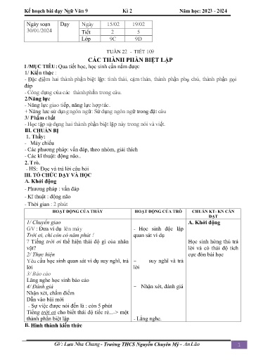 Kế hoạch bài dạy Ngữ văn 9 - Tuần 22 - Tiết 109: Các thành phần biệt lập - Năm học 2023-2024 - Lưu Nha Chang