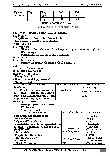 Kế hoạch bài dạy Ngữ văn 9 - Tuần 23 - Bài: Dạy học tự chọn. Văn bản Mùa xuân nho nhỏ - Năm học 2022-2023 - Lưu Nha Chang