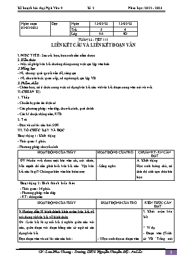 Kế hoạch bài dạy Ngữ văn 9 - Tuần 23 - Tiết 111: Liên kết câu và liên kết đoạn văn - Năm học 2022-2023 - Lưu Nha Chang