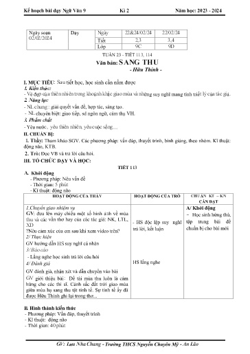 Kế hoạch bài dạy Ngữ văn 9 - Tuần 23 - Tiết 113+114: Văn bản Sang thu - Năm học 2023-2024 - Lưu Nha Chang