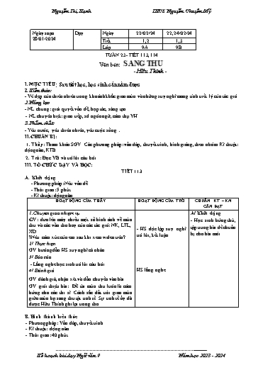 Kế hoạch bài dạy Ngữ văn 9 - Tuần 23 - Tiết 113+114: Văn bản Sang thu - Năm học 2023-2024 - Nguyễn Thị Hạnh