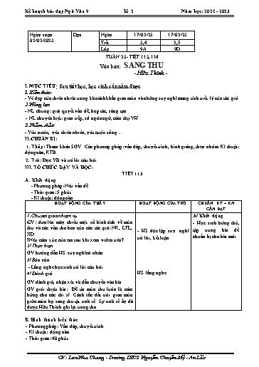 Kế hoạch bài dạy Ngữ văn 9 - Tuần 23 - Tiết 113+114: Văn bản Sang thu - Năm học 2022-2023 - Lưu Nha Chang