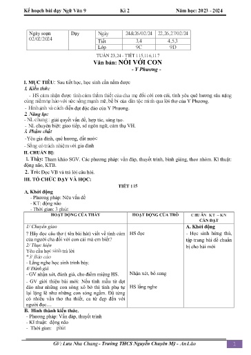 Kế hoạch bài dạy Ngữ văn 9 - Tuần 23+24 - Tiết 115-117: Văn bản Nói với con - Năm học 2023-2024 - Lưu Nha Chang