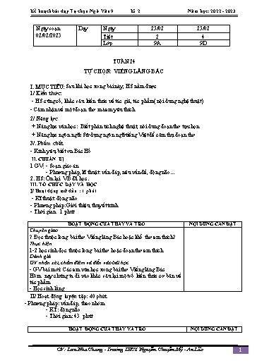 Kế hoạch bài dạy Ngữ văn 9 - Tuần 24 - Bài: Dạy học tự chọn. Văn bản Viếng lăng Bác - Năm học 2022-2023 - Lưu Nha Chang