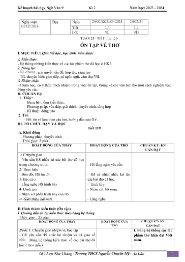 Kế hoạch bài dạy Ngữ văn 9 - Tuần 24 - Tiết 119+120: Ôn tập về thơ - Năm học 2023-2024 - Lưu Nha Chang