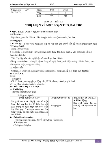 Kế hoạch bài dạy Ngữ văn 9 - Tuần 25 - Tiết 121: Nghị luận về một đoạn thơ, bài thơ - Năm học 2023-2024 - Lưu Nha Chang