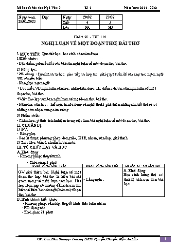 Kế hoạch bài dạy Ngữ văn 9 - Tuần 25 - Tiết 121: Nghị luận về một đoạn thơ, bài thơ - Năm học 2022-2023 - Lưu Nha Chang