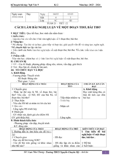 Kế hoạch bài dạy Ngữ văn 9 - Tuần 25 - Tiết 122: Cách làm bài nghị luận về một đoạn thơ, bài thơ - Năm học 2023-2024 - Lưu Nha Chang