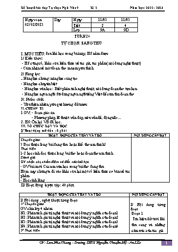 Kế hoạch bài dạy Ngữ văn 9 - Tuần 26 - Bài: Dạy học tự chọn. Văn bản Sang thu - Năm học 2022-2023 - Lưu Nha Chang