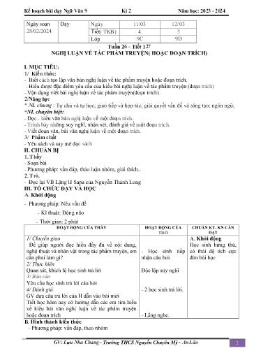Kế hoạch bài dạy Ngữ văn 9 - Tuần 26 - Tiết 127: Nghị luận về tác phẩm truyện (hoặc đoạn trích) - Năm học 2023-2024 - Lưu Nha Chang