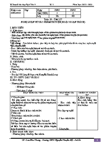 Kế hoạch bài dạy Ngữ văn 9 - Tuần 26 - Tiết 127: Nghị luận về tác phẩm truyện (hoặc đoạn trích) - Năm học 2022-2023 - Lưu Nha Chang