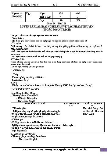 Kế hoạch bài dạy Ngữ văn 9 - Tuần 26 - Tiết 129: Luyện tập làm bài nghị luận về tác phẩm truyện - Năm học 2022-2023 - Nguyễn Thị Hạnh