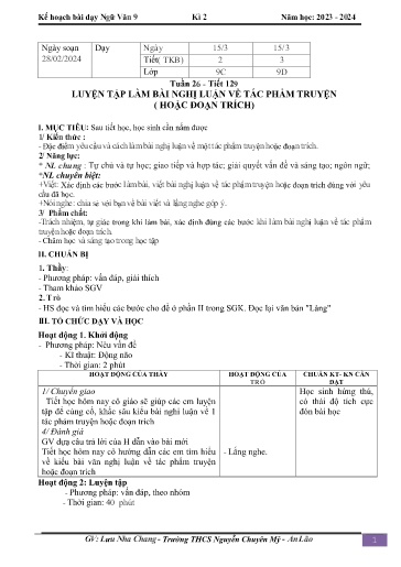 Kế hoạch bài dạy Ngữ văn 9 - Tuần 26 - Tiết 129: Luyện tập làm bài nghị luận về tác phẩm truyện - Năm học 2023-2024 - Nguyễn Thị Hạnh