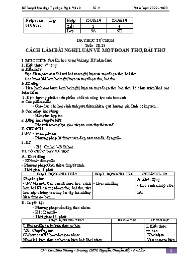 Kế hoạch bài dạy Ngữ văn 9 - Tuần 27 - Bài: Dạy học tự chọn. Cách làm bài nghị luân về một đoạn thơ, bài thơ - Năm học 2022-2023 - Lưu Nha Chang