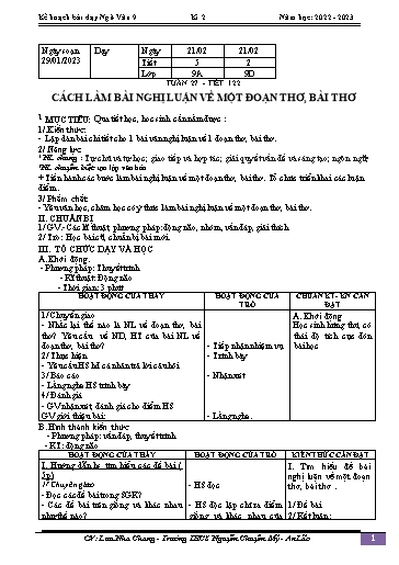 Kế hoạch bài dạy Ngữ văn 9 - Tuần 27 - Tiết 122: Cách làm bài nghị luận về một đoạn thơ, bài thơ - Năm học 2023-2024 - Lưu Nha Chang