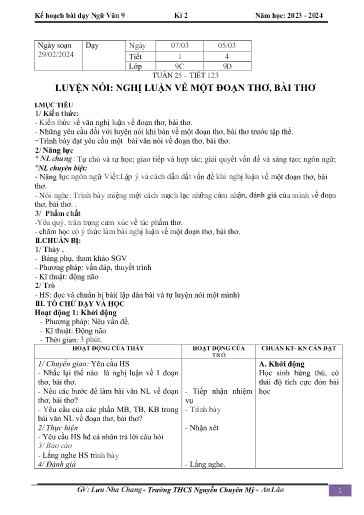 Kế hoạch bài dạy Ngữ văn 9 - Tuần 27 - Tiết 123: Luyện nói nghị luận về một đoạn thơ, bài thơ - Năm học 2023-2024 - Lưu Nha Chang