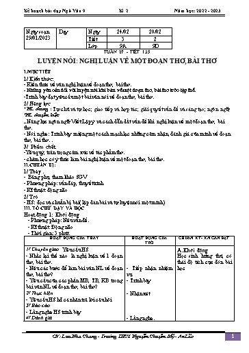 Kế hoạch bài dạy Ngữ văn 9 - Tuần 27 - Tiết 135: Luyện nói nghị luận về một đoạn thơ, bài thơ - Năm học 2022-2023 - Lưu Nha Chang