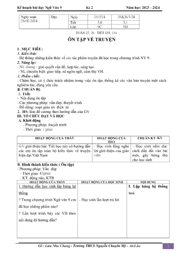 Kế hoạch bài dạy Ngữ văn 9 - Tuần 27+28 - Tiết 135+136: Ôn tập về truyện - Năm học 2023-2024 - Lưu Nha Chang