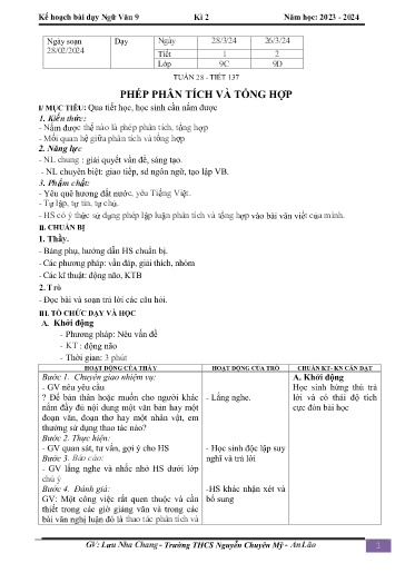Kế hoạch bài dạy Ngữ văn 9 - Tuần 28 - Tiết 137: Phép phân tích và tổng hợp - Năm học 2023-2024 - Lưu Nha Chang