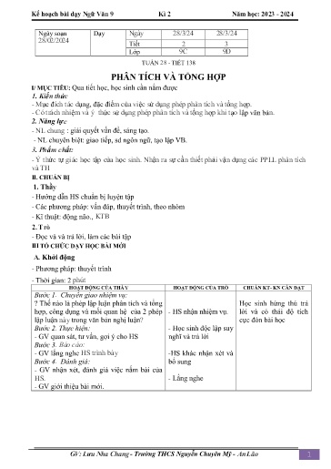 Kế hoạch bài dạy Ngữ văn 9 - Tuần 28 - Tiết 138: Phân tích và tổng hợp - Năm học 2023-2024 - Lưu Nha Chang