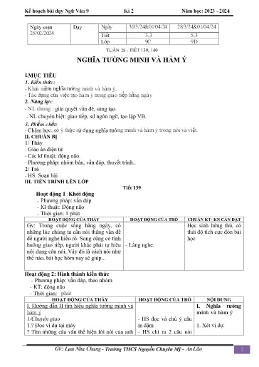 Kế hoạch bài dạy Ngữ văn 9 - Tuần 28 - Tiết 139+140: Nghĩa tường minh và hàm ý - Năm học 2023-2024 - Lưu Nha Chang