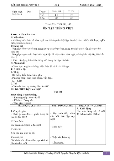 Kế hoạch bài dạy Ngữ văn 9 - Tuần 29 - Tiết 141+142: Ôn tập tiếng việt - Năm học 2023-2024 - Lưu Nha Chang