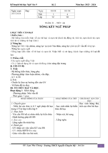 Kế hoạch bài dạy Ngữ văn 9 - Tuần 29 - Tiết 144: Tổng kết ngữ pháp - Năm học 2023-2024 - Lưu Nha Chang