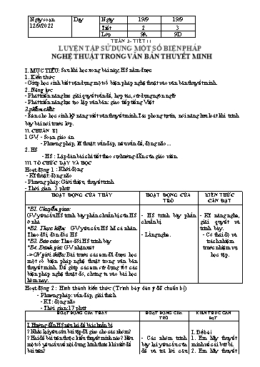 Kế hoạch bài dạy Ngữ văn 9 - Tuần 3 - Bài: Luyện tập sử dụng một số biện pháp nghệ thuật trong văn bản thuyết minh - Năm học 2022-2023 - Trường THCS Nguyễn Chuyên Mỹ