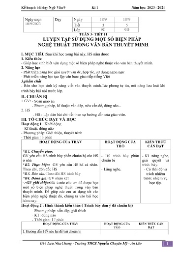 Kế hoạch bài dạy Ngữ văn 9 - Tuần 3 - Tiết 11: Luyện tập sử dụng một số biện pháp nghệ thuật trong văn bản thuyết minh - Năm học 2023-2024 - Lưu Nha Chang