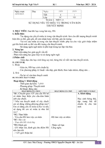 Kế hoạch bài dạy Ngữ văn 9 - Tuần 3 - Tiết 12: Sử dụng yêu tố miêu tả trong văn bản thuyết minh - Năm học 2023-2024 - Lưu Nha Chang