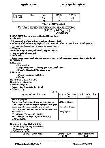 Kế hoạch bài dạy Ngữ văn 9 - Tuần 3 - Tiết 14-16: Văn bản Chuyện người con gái Nam Xương - Năm học 2023-2024 - Nguyễn Thị Hạnh