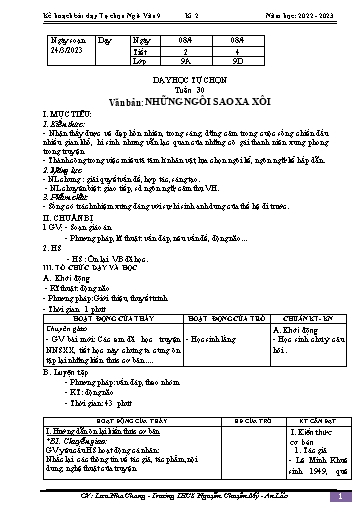 Kế hoạch bài dạy Ngữ văn 9 - Tuần 30 - Bài: Dạy học tự chọn. Văn bản Những sao xa xôi - Năm học 2022-2023 - Lưu Nha Chang
