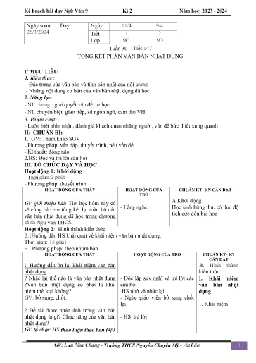 Kế hoạch bài dạy Ngữ văn 9 - Tuần 30 - Tiết 147: Tổng kết phần văn bản nhật dụng - Năm học 2023-2024 - Lưu Nha Chang