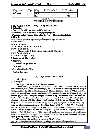 Kế hoạch bài dạy Ngữ văn 9 - Tuần 31-33 - Bài: Tự chọn Ôn tập học kì 2 - Năm học 2022-2023 - Lưu Nha Chang
