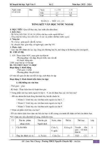 Kế hoạch bài dạy Ngữ văn 9 - Tuần 31 - Tiết 152+153: Tổng kết văn học nước ngoài - Năm học 2023-2024 - Lưu Nha Chang