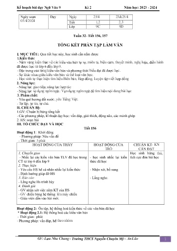 Kế hoạch bài dạy Ngữ văn 9 - Tuần 32 - Tiết 156-157: Tổng kết phần tập làm văn - Năm học 2023-2024 - Lưu Nha Chang