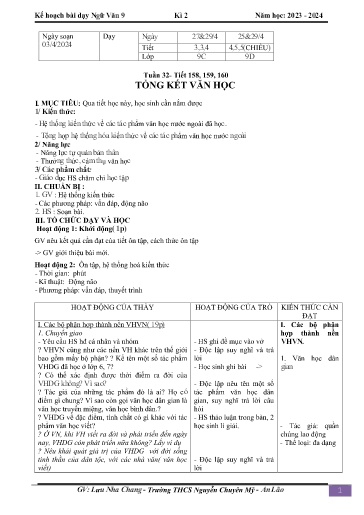 Kế hoạch bài dạy Ngữ văn 9 - Tuần 32 - Tiết 158-16: Tổng kết văn học - Năm học 2023-2024 - Lưu Nha Chang